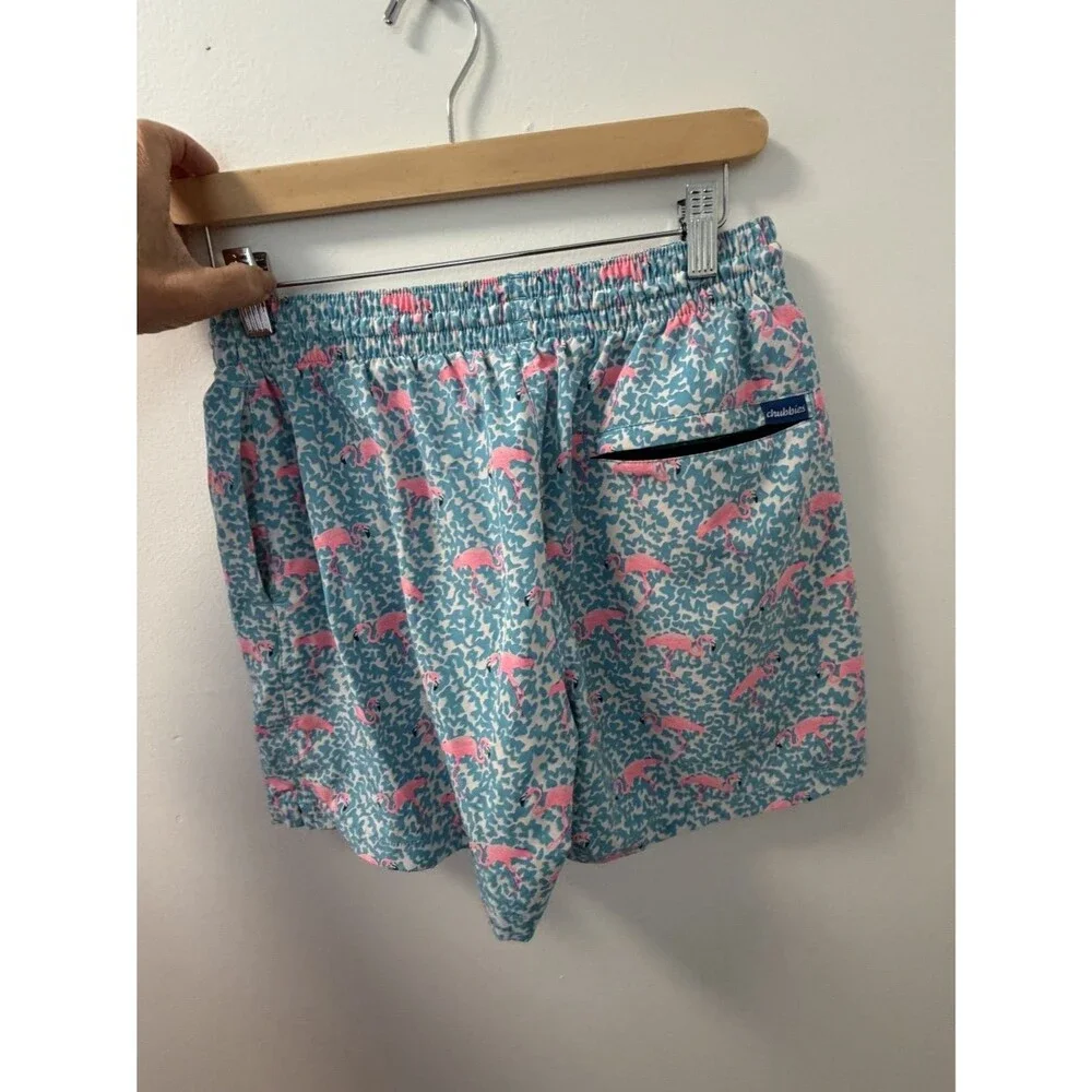 Chubbies Men's Swim Bottom S Blue Back Zipper Pocket Flamingo Print Pink